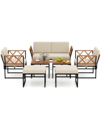Set Of 7 Outdoor Conversation Set Acacia Wood Chairs and Coffee Tables Set w/Ottomans