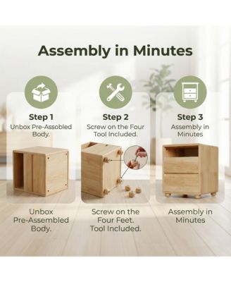 Solid Wood Nightstand - Curved Modern Bedside Table with Charger Station, 2 Drawers and Shelves for Bedroom, Living room