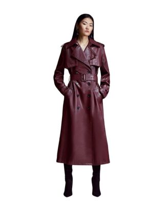 Women's Tailored Faux Leather Belted Trench Coat