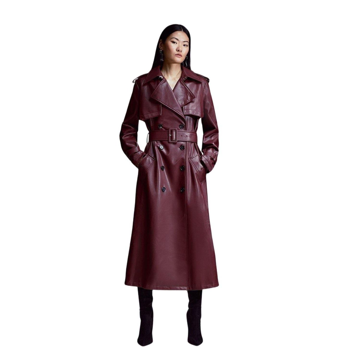 Женское пальто Karen Millen Tailored Faux Leather Belted Trench, цвет: Тёмно-бордовый — фото 22