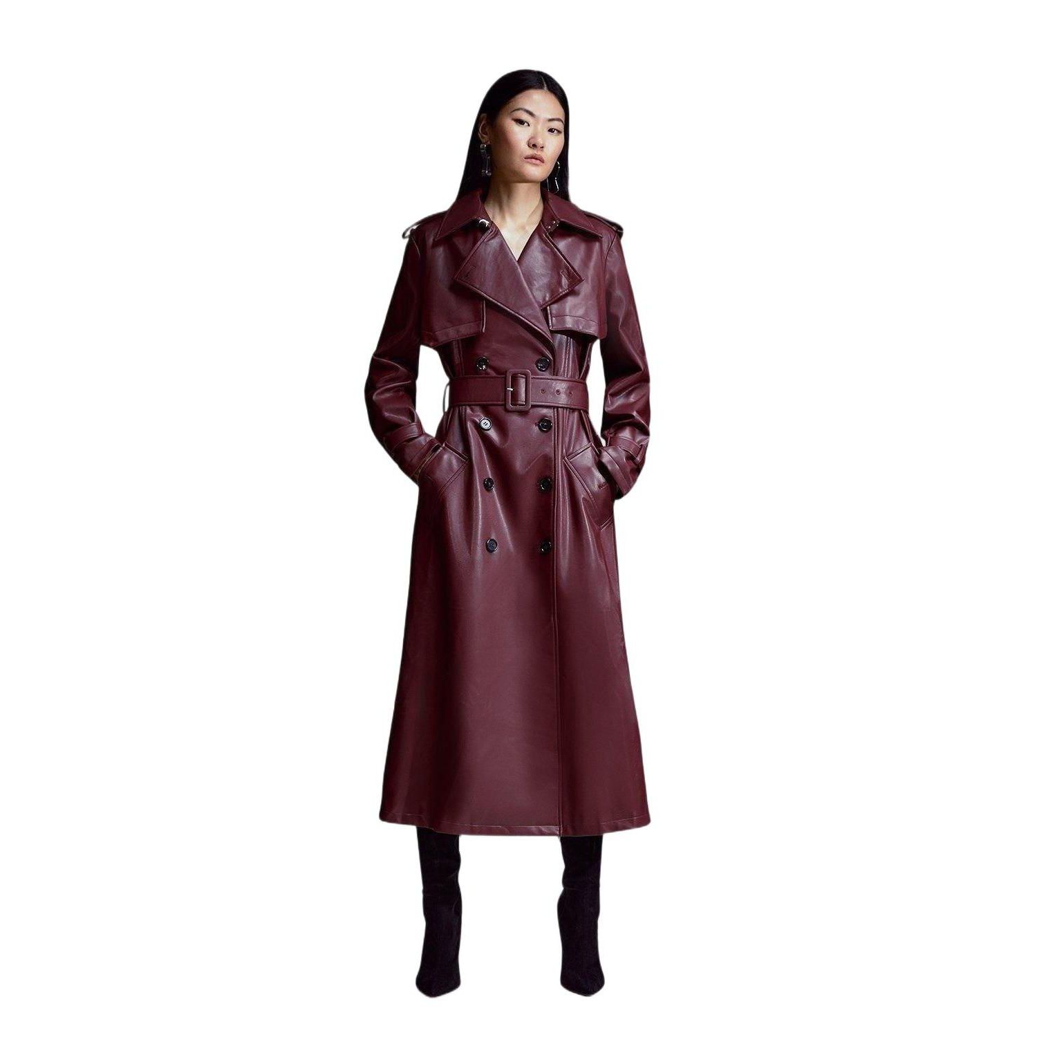 Women's Tailored Faux Leather Belted Trench Coat