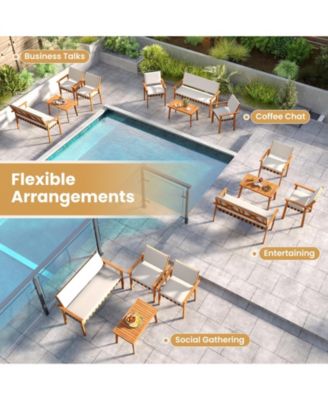 Set of 4 Wood Furniture Set w/Coffee Table Seat Back Cushions for Backyard Porch