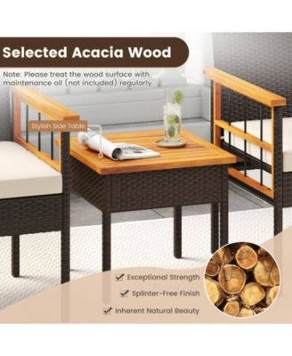 Set of 3 Wicker Furniture Set w/Acacia Wood Tabletop Armrests Cushions for Backyard