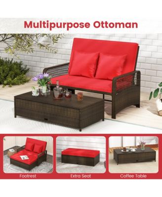 Patio Rattan Daybed Wicker Loveseat Sofa w/ Multifunctional Ottoman