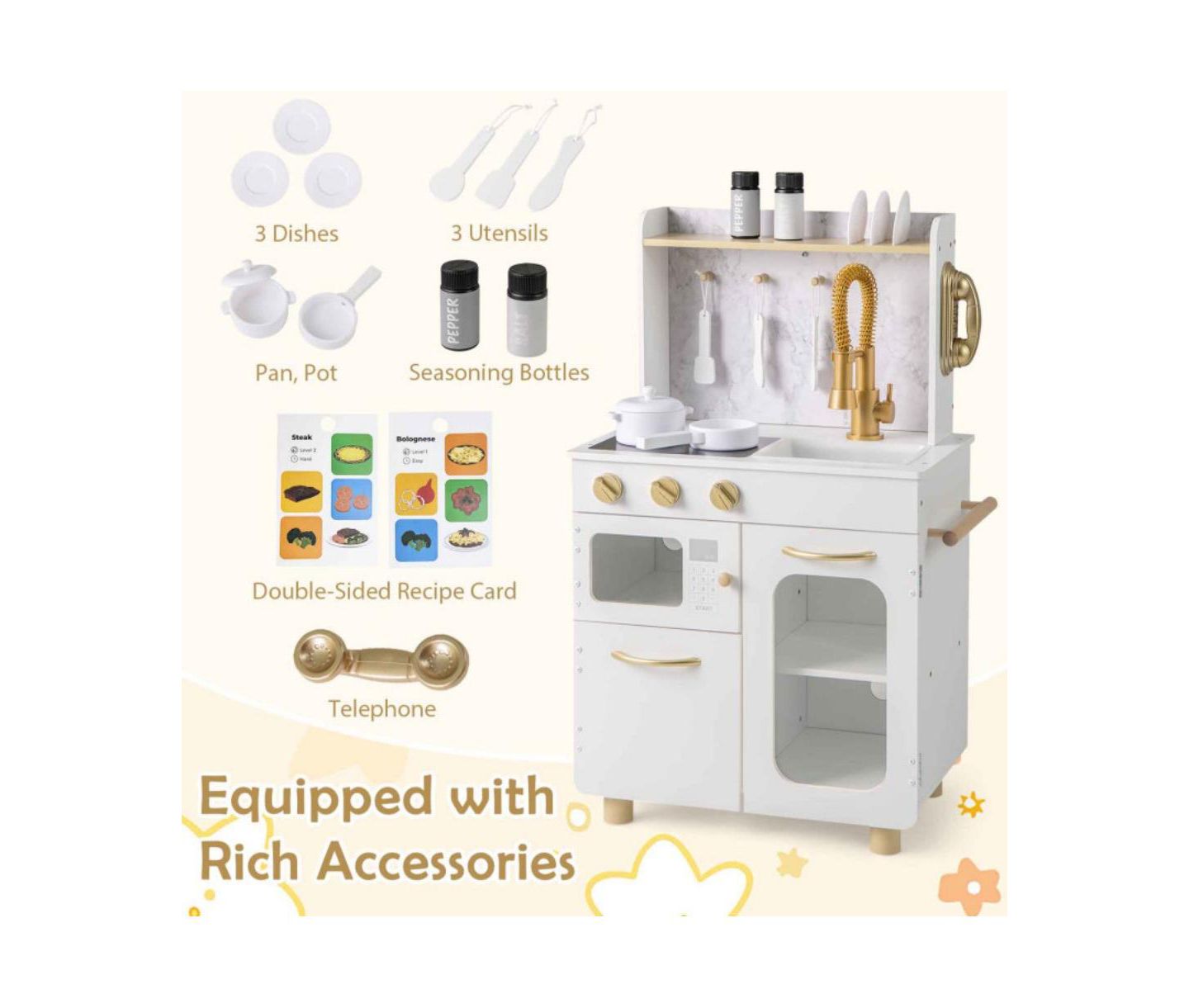 Детские игрушки HONGGE Kids Kitchen Set Pretend Play Kitchen with Stoves Faucet Sink Telephone Microwave and Oven, цвет: Белый — фото 6
