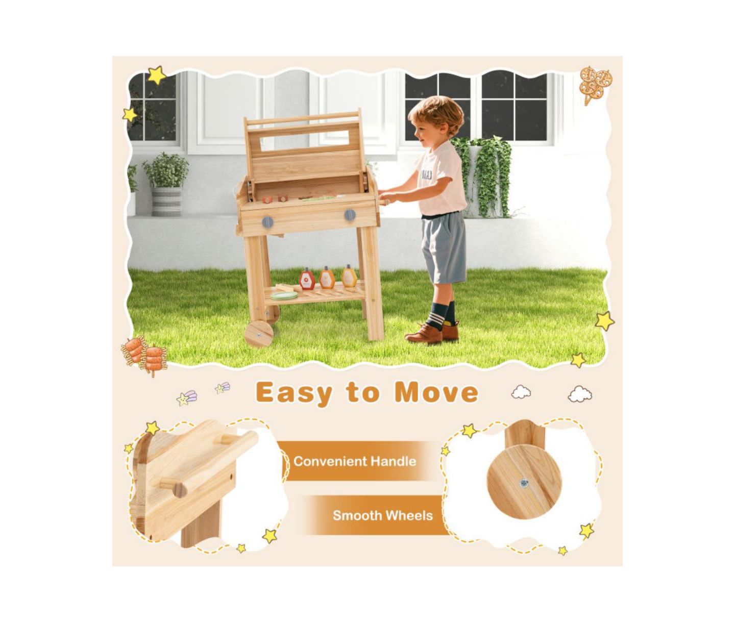 Детские игрушки HONGGE Wooden Barbecue Grill Playset with Wheels, 25-Piece Set, Ages 3+, цвет: Натуральный — фото 4