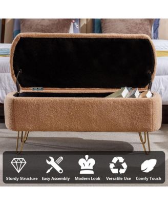 Modern Storage Ottoman Bench - Oval Faux Fur Entryway Bench, End of Bed Bench with Gold Legs for Living Room, Bedroom