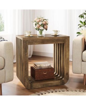 Side Table Set of 2, Farmhouse Narrow End Table with Slatted Open Frame, Wooden Rustic Accent Sofa Side Table