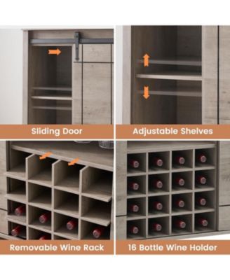 Farmhouse Bar Cabinet with Sliding Barn Doors, Rustic Liquor & Coffee Station with Wine Glass Racks & Adjustable Shelves