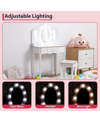 Kids Vanity Table and Chair Set with 3 Mirrors, LED Light & Drawer, Wooden Makeup Set