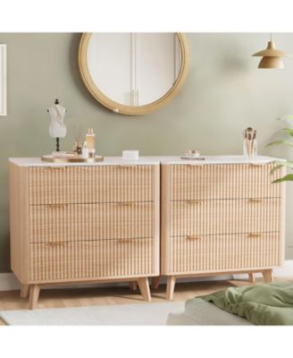 32" Width Fluted Nightstand Set of 2, Modern 3 Drawer Bedside Table with Faux Marble Top, Wood Chest of Bedside Table with Curved Profile