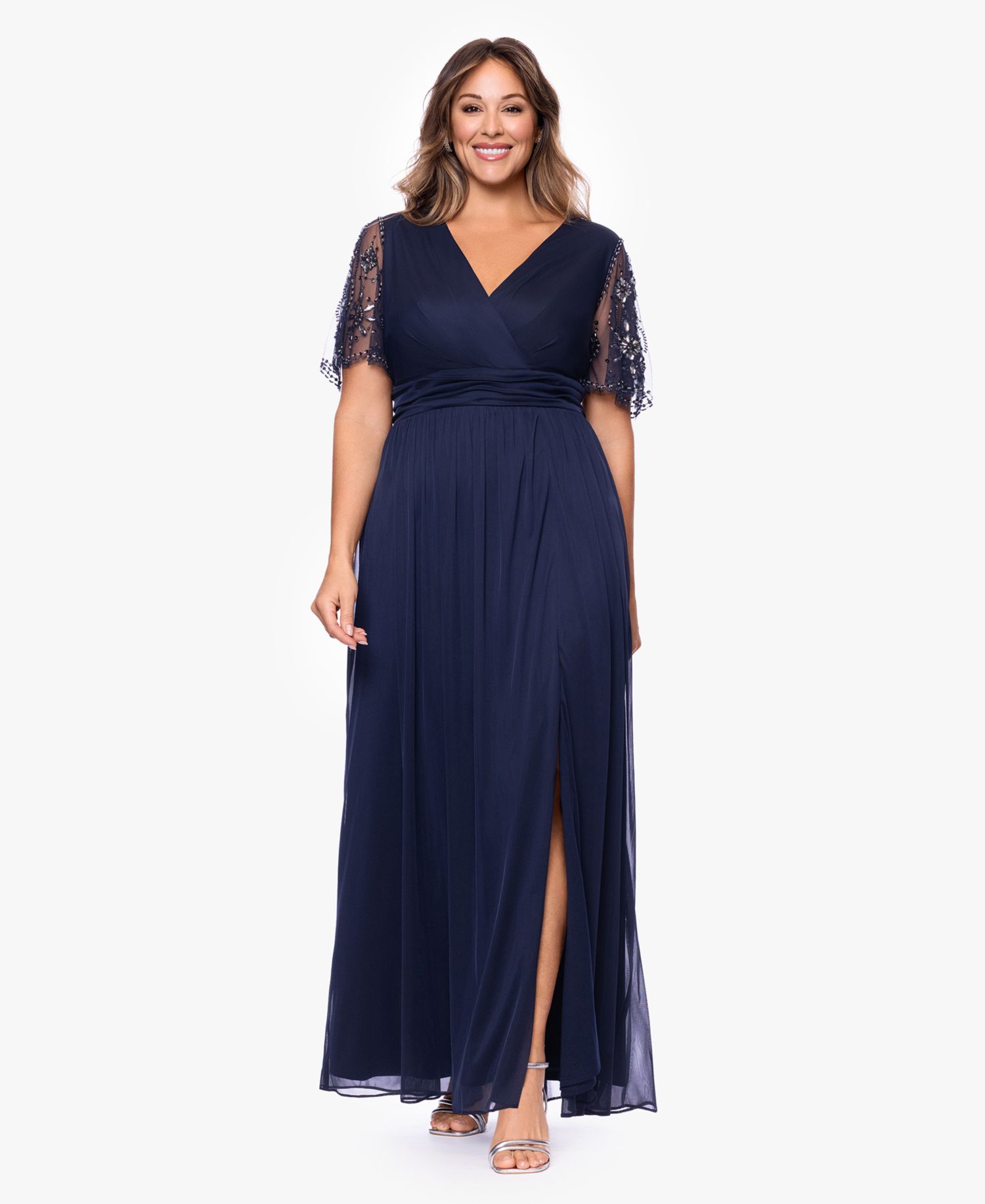 Plus Size Beaded Sleeve Slit Gown