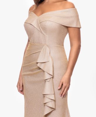  Plus Size Foil Knit Off-The-Shoulder Ruffle Gown