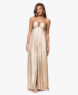 Petite Metallic Hardware Halter Neck Gown