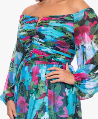  Plus Size Off-The-Shoulder Long-Sleeve Printed Gown