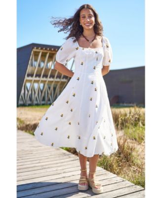 Women's Cotton Sunflower Embroidered Midi Dress