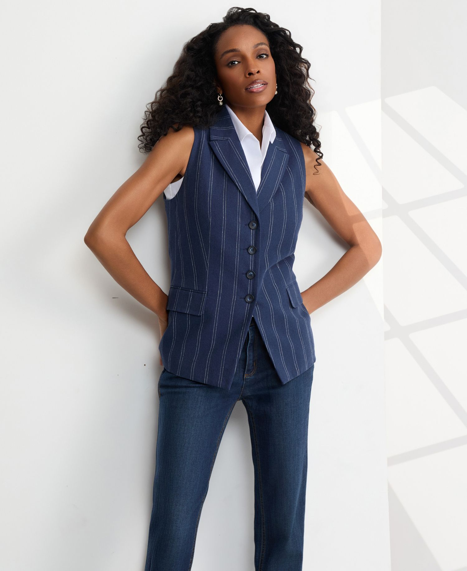Petite Double Pinstripe Peak Lapel Linen Collar Vest