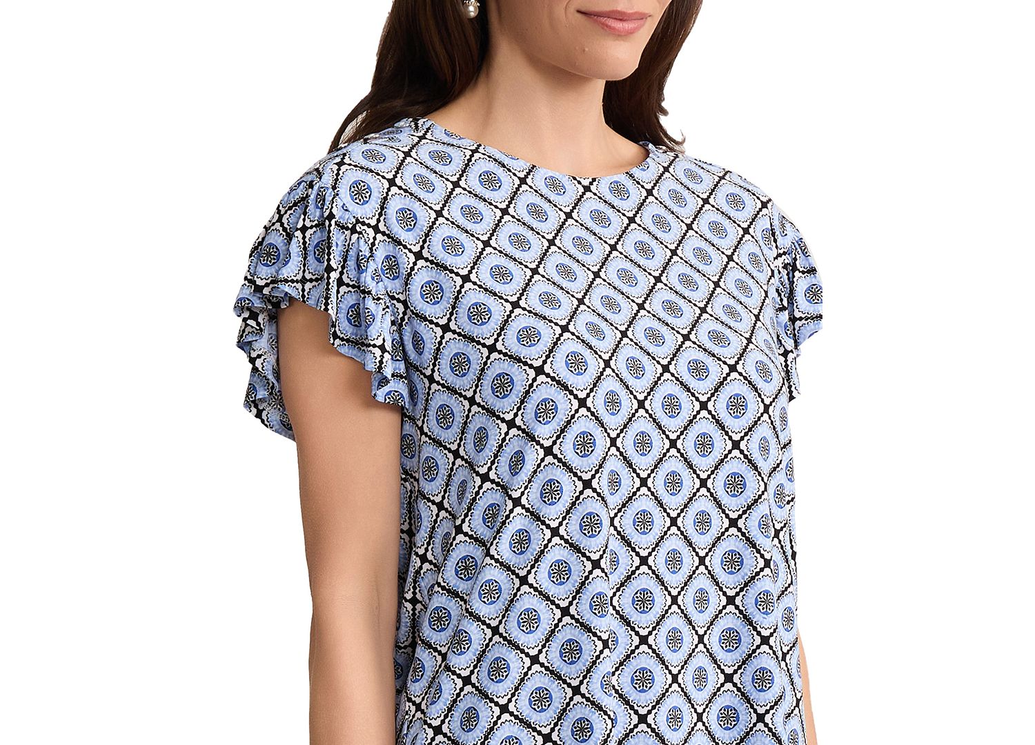 Petite Round Neck Flutter Short-Sleeve Top