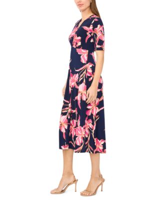 Women's Short-Sleeve V-Neck Twist Front Midi Dress