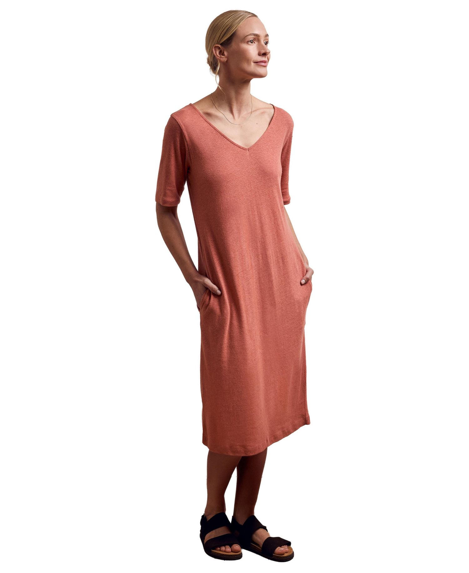 Women's Linen Blend V-Neck Midi Dress