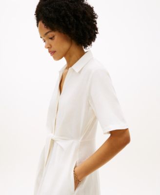 Women's Linen Belted Midi Dress
