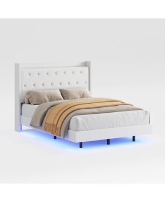 Modern Full Floating Bed Frame RGB LED Lights Fabric Wingback Storage Headboard No Box Spring
