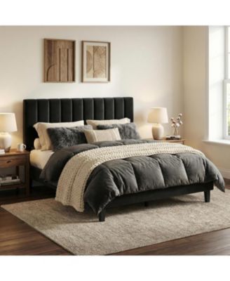 QUEEN Size Bed Frame, Velvet Upholstered Platform Bed with Adjustable Vertical Channel Tufted Headboard, No Box Spring Needed, Easy Assembly