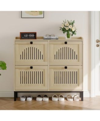 Modern 4 Turn Over Drawer Shoe Storage Cabinet - Adjustable Shelves, Space-Saving Wooden Organizer, Hollow-Out Panel & Black Handles