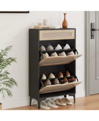 Rattan Shoe Cabinet with 2 Flip Drawers 1 Pull Out Drawer 3 Adjustable Shelves Narrow Shoe Storage.