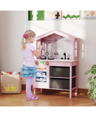 Kids Play Kitchen Toy with 2 Stoves & Rotating Knobs, Wooden Pretend Play Set