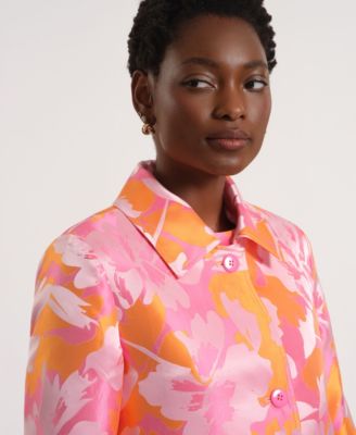 Women's Long-Sleeve Collared Floral Trench Coat