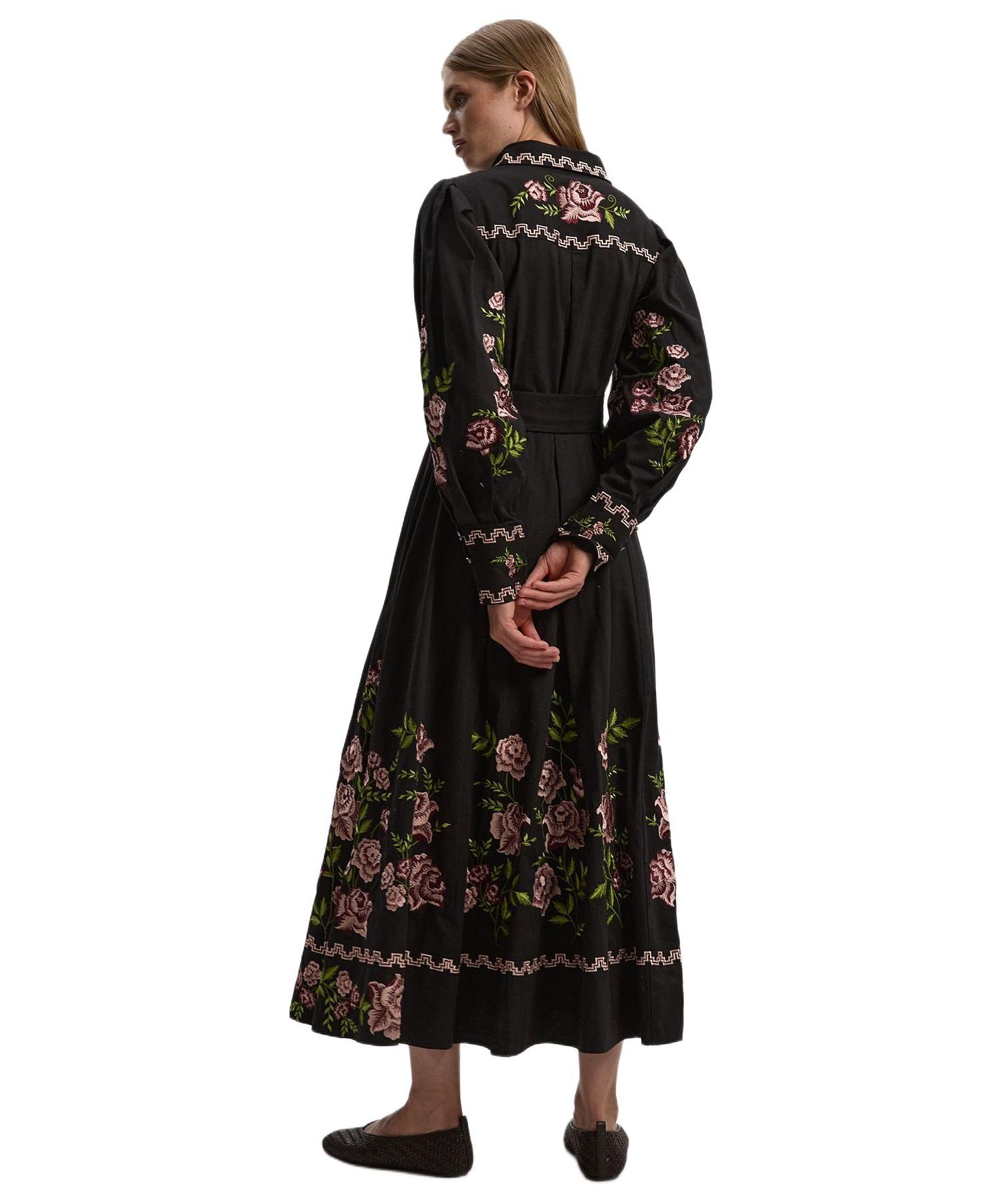 Women's Rose Embroidered Cotton Shirt Dress