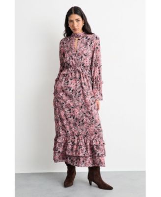 Women's Chiffon Shirred High Neck Midi Dress