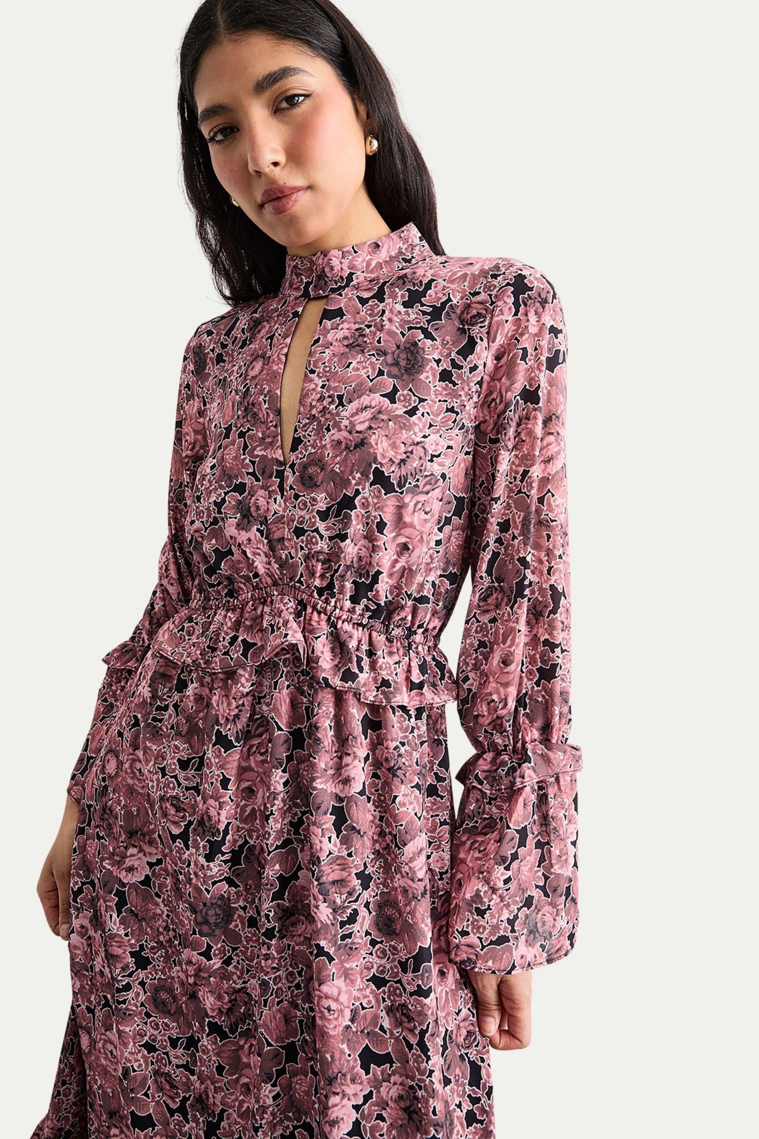 Women's Chiffon Shirred High Neck Midi Dress