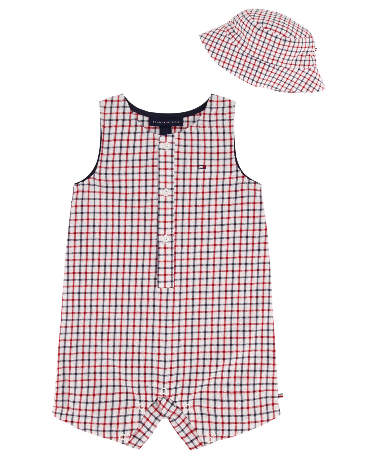 Baby Boys' Seersucker Check Sunsuit and Bucket Hat, 2-Piece Set