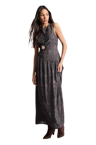Warehouse Women's Printed Dropped Waist Chiffon Tiered Maxi Dress in Brown | Size: 4