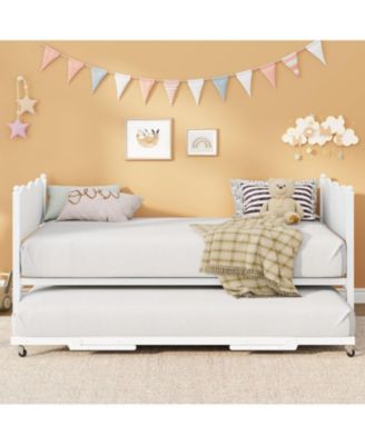 Daybed with Trundle, Twin Size Day Bed with Metal Slat Support & Lockable Casters, Wavy Headboard with Wood Grain, Space-Saving Sofa Bed