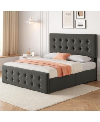 Full Bed Frame With 4 Drawers Linen Upholstered Headboard Button Design Wood Slats No Box Spring Light