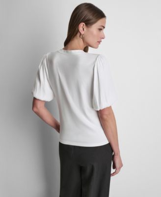 Women's Puffed Crew Neck Mix Media Knit Top