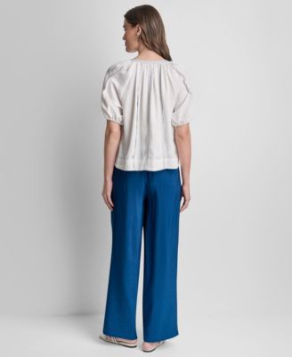 Women's Puff-Sleeve Top Stitch Tie-Front Top