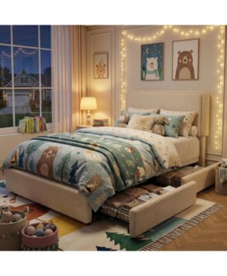 Twin Size Teddy Fleece Bed Frame, Upholstered Platform Bed with 2 Storage Drawers, Height Adjustable Headboard, Soft Teddy Fabric Bed