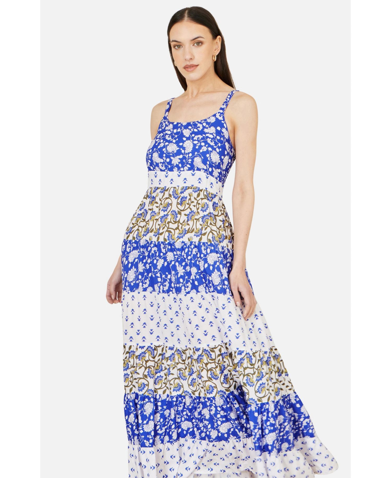 Women's Patchwork Print Tiered Maxi Dress