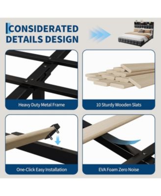 Queen Size Bed Frame with 2 Storage Drawers, Upholstered Bed Frame Queen with LED Light, Double-Layer Bedside Headboard Charging Socket USB
