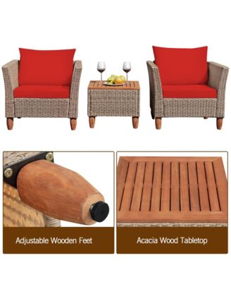 3PCS Rattan Patio Conversation Furniture Set w/ Wooden Feet Cushions