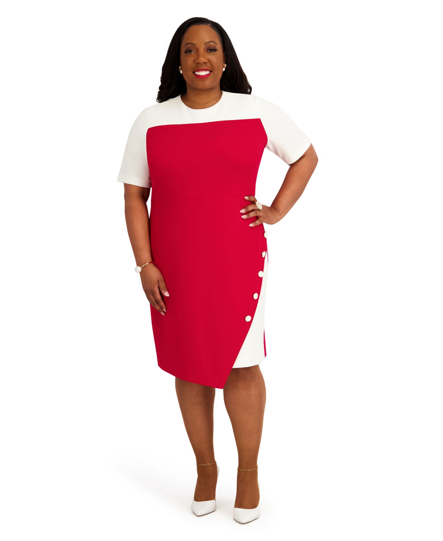 Women's Short-Sleeve Crewneck Colorblocked Midi Dress