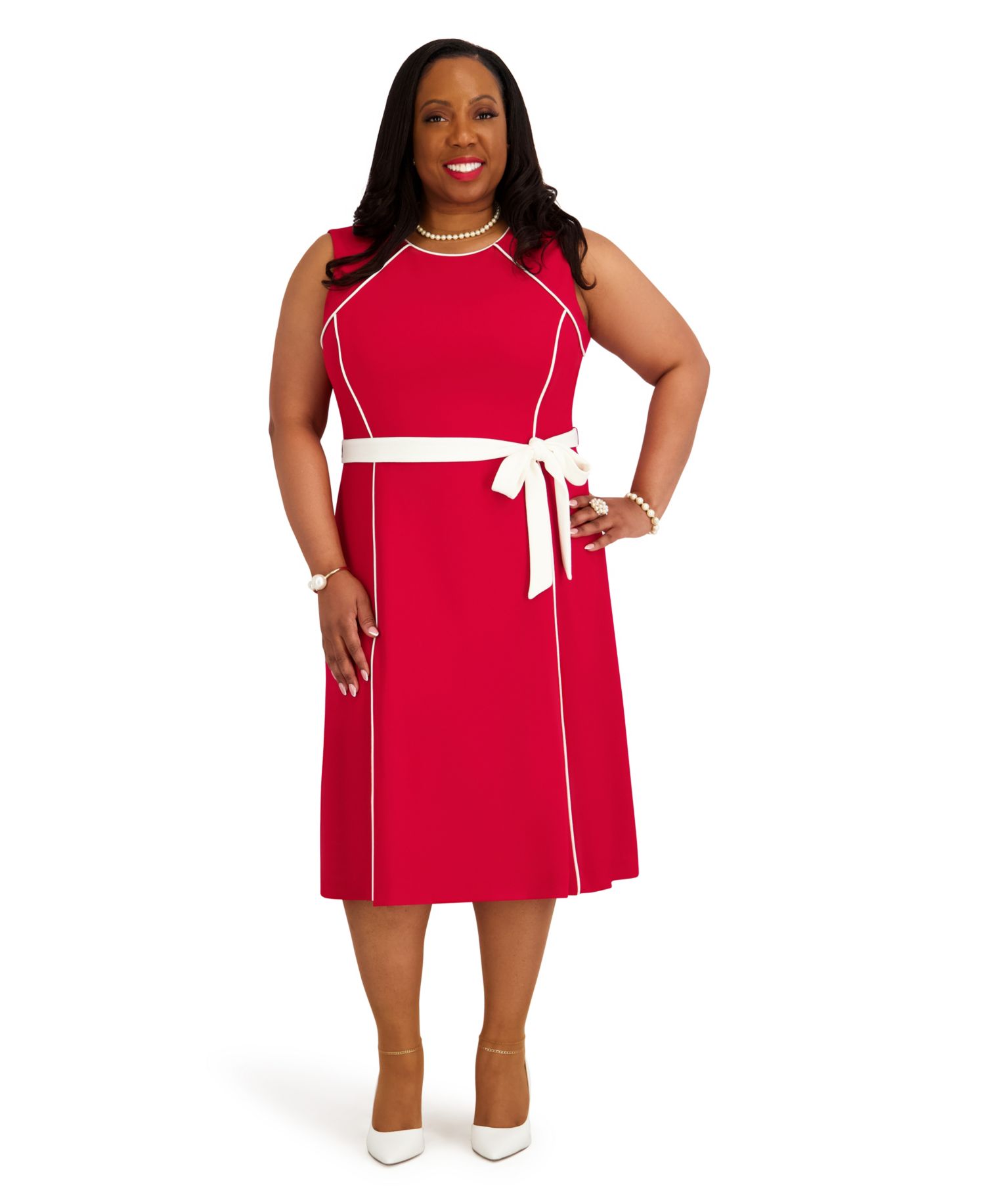 Women's Contrast Seam with Sash Crewneck Midi Dress
