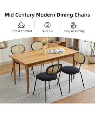Mid-Century Rattan Dining Chairs Set, Modern Velvet Upholstered Kitchen Chairs with Sturdy Metal Legs