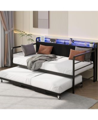 Daybed with Trundle Bed, Twin Bed Frame with Corduroy Upholstered Storage Headboard & Charging Station and LED Light