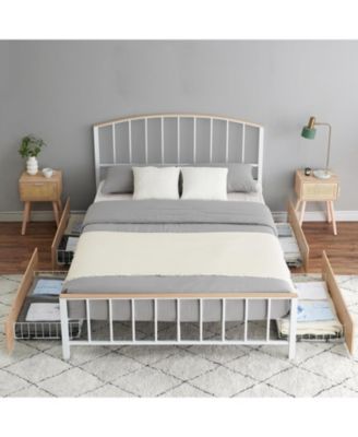 Queen Metal Bed Frame With Headboard and Footboard 4 Storage Drawers No Box Spring Space Saving