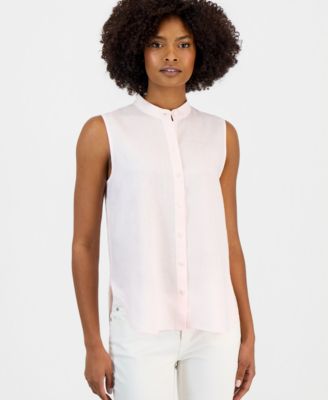 Women's Linen Sleeveless Band-Collar Shirt